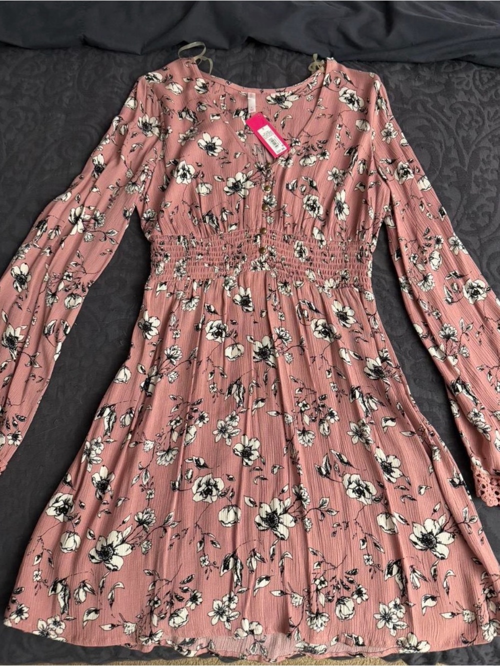 Pink floral A-line mini dress with long sleeves